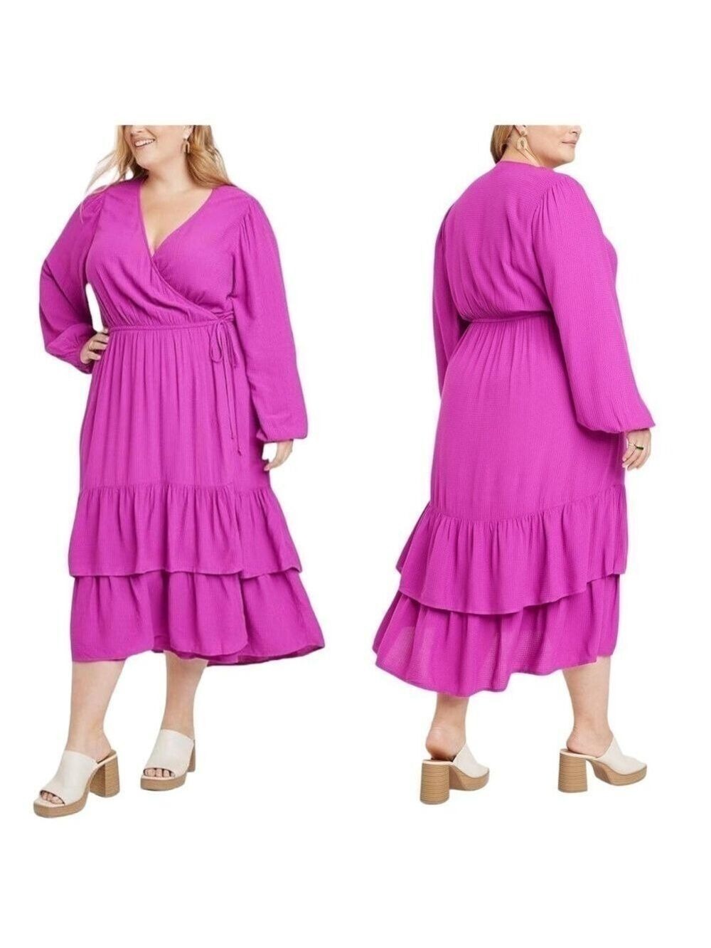 Knox Rose Raspberry Verbena Pink Long Sleeve Ruffle Maxi Wrap Dress